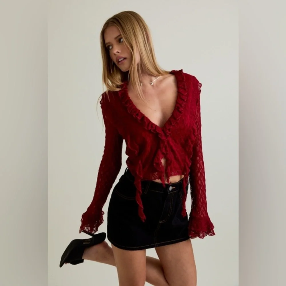 Ruffle Detail Lace V-Neck Top with Bell Sleeves - Le Lis